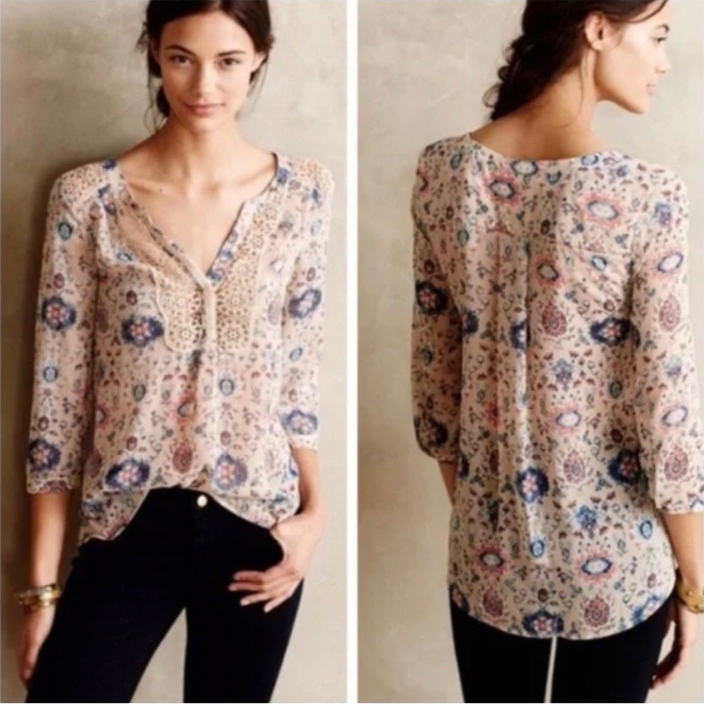 Anthropologie Maeve Cream Floral Sheer Blouse Top. Size 8